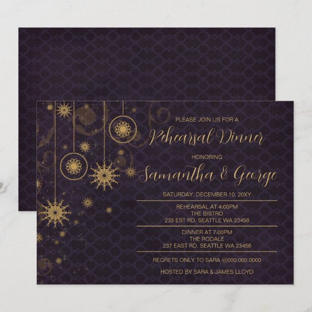 Invitation Souper de répétition hivernale Gold Purple Snowfla (Devant / Derrière)