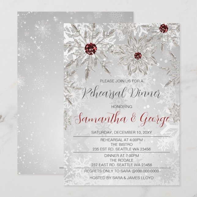 Invitation Souper de répétition hivernale Silver Red Snowflak (Devant / Derrière)