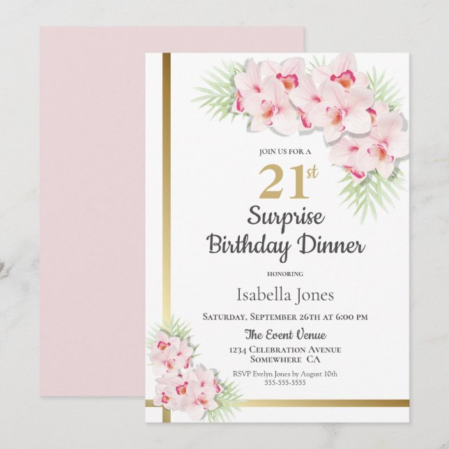 Invitation Souper Floral rose et or Surprise 21e anniversaire (Devant / Derrière)