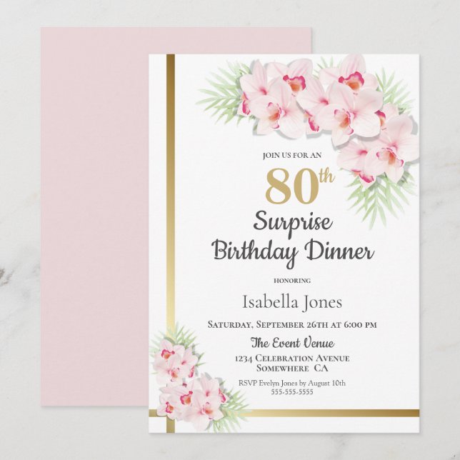Invitation Souper Floral rose et or Surprise 80e anniversaire (Devant / Derrière)