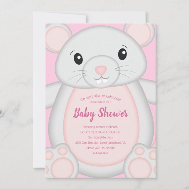 Invitation Souris Baby shower rose (Devant)