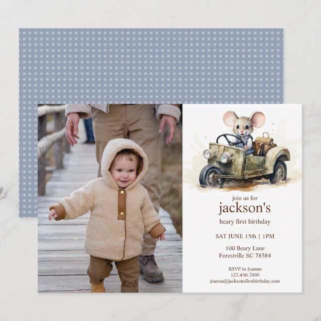 Invitation Souris d'aquarelle en vert 1er anniversaire (Devant / Derrière)