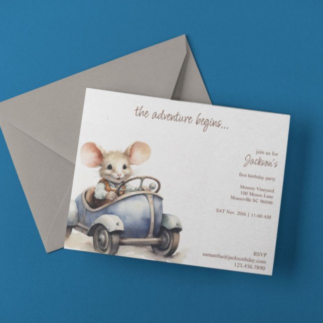 Invitation Souris d'aquarelle mignonne dans Blue Kid's Birthd (Créateur téléchargé)