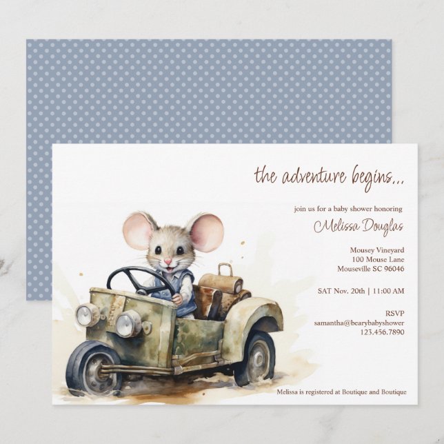 Invitation Souris d'aquarelle mignonne en Baby shower de voit (Devant / Derrière)