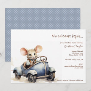 Invitation Souris d'aquarelle mignonne en Baby shower voiture