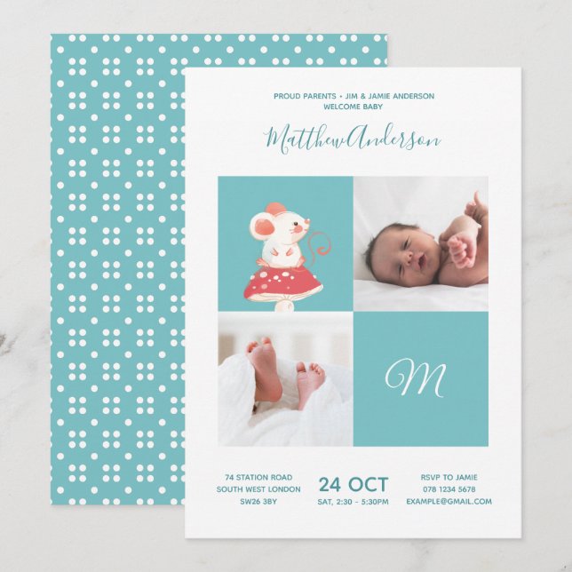 Invitation Souris Rat ・ Alphabet Monogramme Baby shower Cuisi (Devant / Derrière)