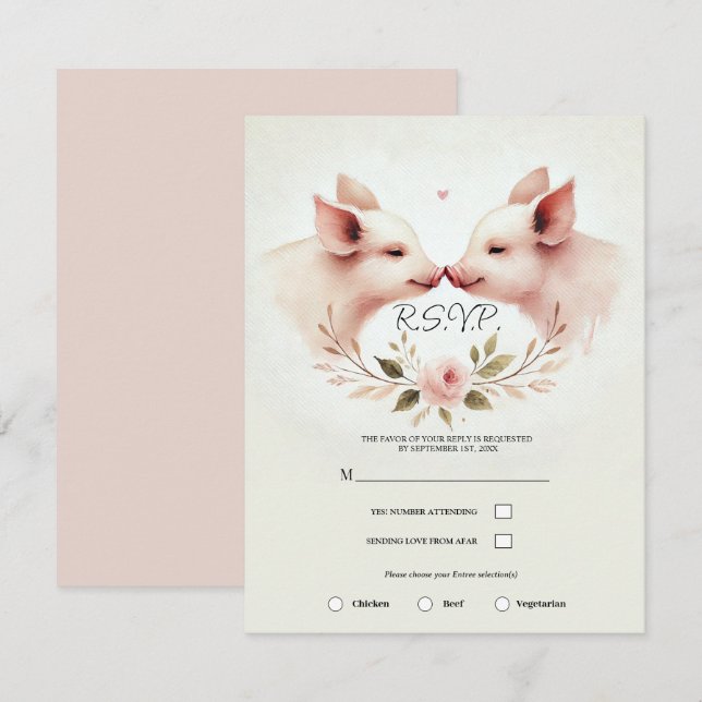 Invitation Souris rose à museau floral rustique RSVP (Devant / Derrière)