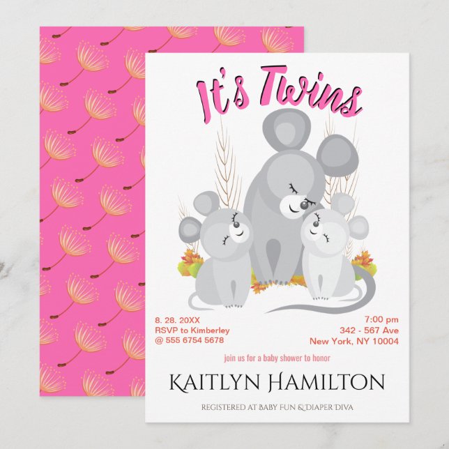 Invitation Souris Twins Fille Mère Baby shower Woodland Mouse (Devant / Derrière)