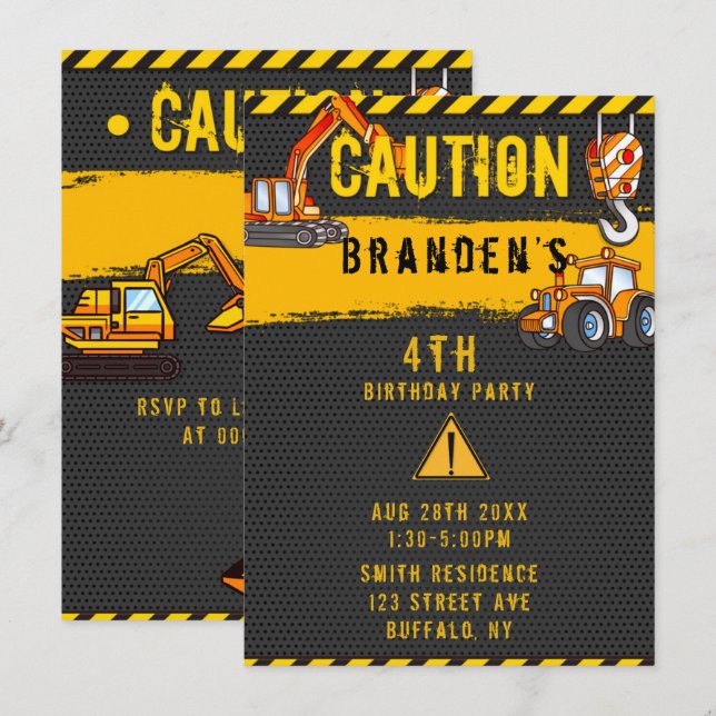 Invitation Sous construction Camions de prudence Anniversaire (Devant / Derrière)