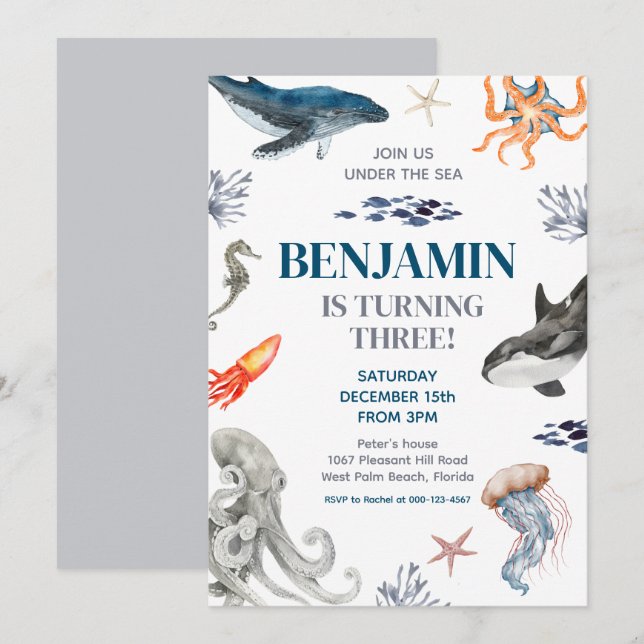Invitation Sous la baleine marine fête d'anniversaire (Devant / Derrière)