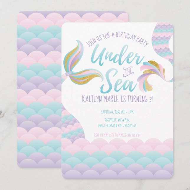 Invitation Sous la fête d'anniversaire de la sirène de mer (Devant / Derrière)