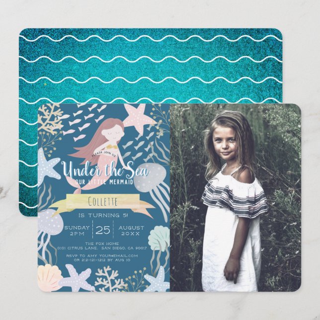 Invitation Sous la marine de la Sirène Photo Anniversaire (Devant / Derrière)