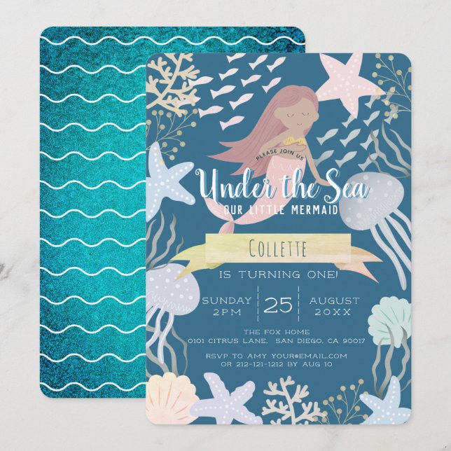 Invitation Sous la marine des sirènes de mer 1er anniversaire (Devant / Derrière)