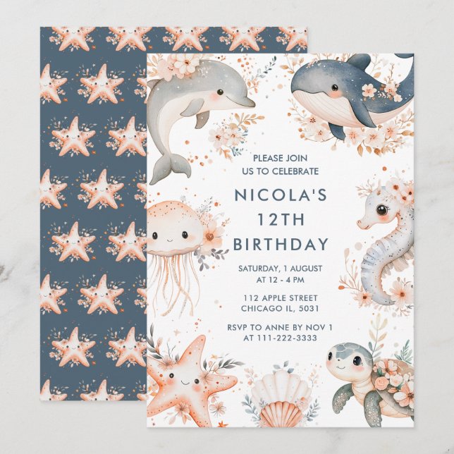 Invitation Sous la mer Animaux fête d'anniversaire (Devant / Derrière)