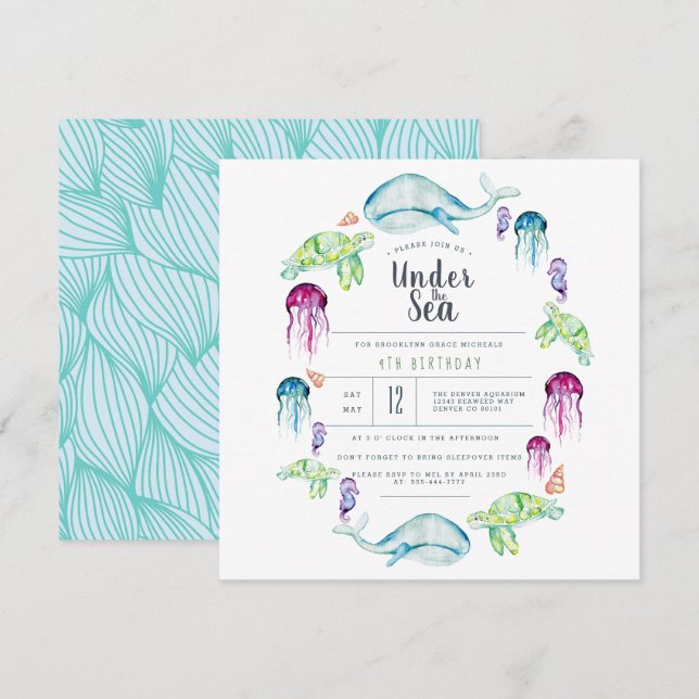 Invitation Sous la mer Anniversaire | Aquarelle de critère oc (Devant / Derrière)
