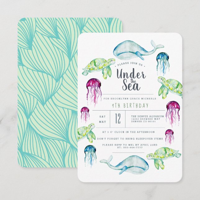 Invitation Sous la mer Anniversaire | Aquarelle des animaux m (Devant / Derrière)