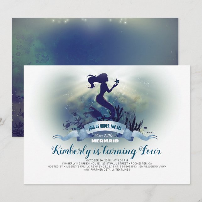 Invitation Sous la mer - Anniversaire de la Sirène et de la S (Devant / Derrière)