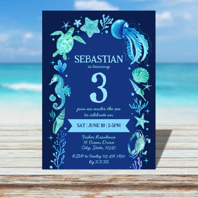 Invitation Sous la mer Aquarelle Océan Animaux Marine Bleu (Under The Sea Watercolor Ocean Animals Navy Blue Invitation)