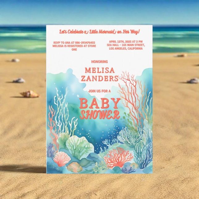 Invitation Sous la mer Baby Girl Cute Aquarelle Coral (Under the Sea Baby Girl Cute Watercolor Coral Invitation)