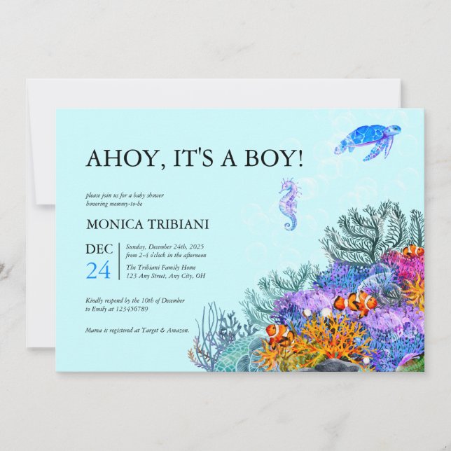 Invitation Sous la mer Baby shower nautique garçon moderne (Devant)