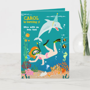 Invitation Sous la mer dauphins et fête d'anniversaire fille