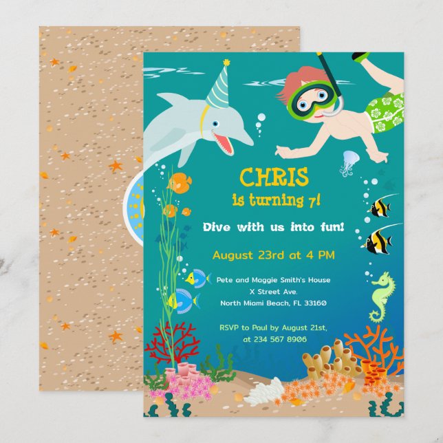 Invitation Sous la mer dauphins et fête d'anniversaire garçon (Devant / Derrière)