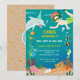 Invitation Sous la mer dauphins et fête d'anniversaire garçon