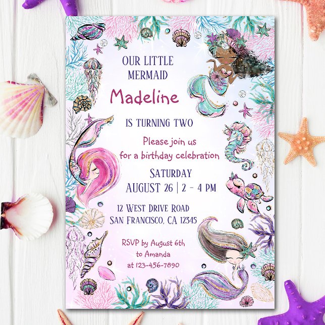Invitation Sous la mer Fête d'anniversaire de la fille Sirène (Créateur téléchargé)