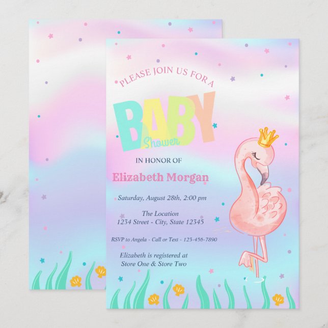 Invitation Sous la mer, Flamant rose Baby shower holographiqu (Devant / Derrière)