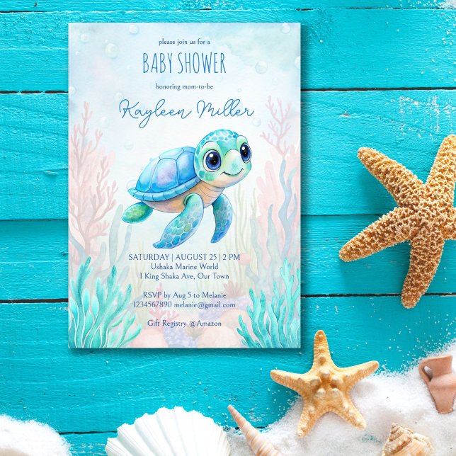Invitation Sous la mer jolie tortue aqua bleu baby shower (Under the sea cute baby sea turtle aqua blue boy baby shower invitation editable template digital)