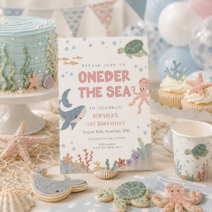 Invitation Sous la mer Mignon Fille Rose Aquarelle 1er Annive