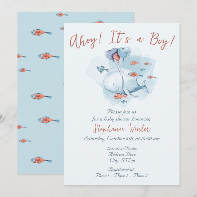 Invitation Sous la mer Ocean Ahoy C'est un Baby shower de gar (Devant / Derrière)