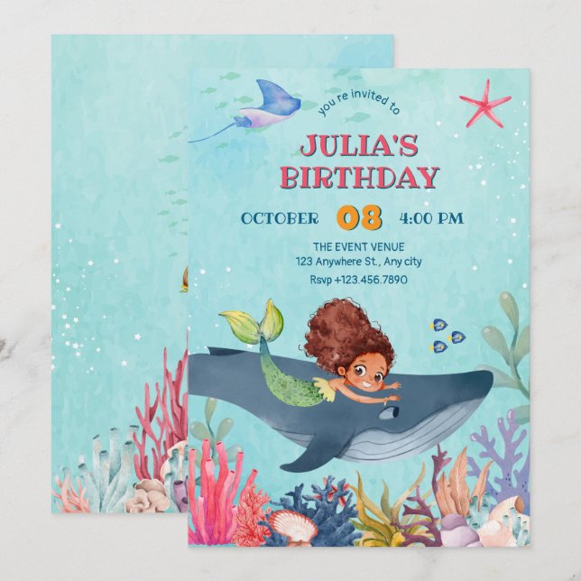 Invitation Sous la mer, petite sirène et anniversaire de bale (Devant / Derrière)