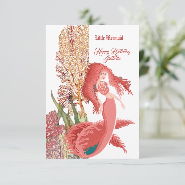 Invitation Sous la mer Rouge Sirène Corail Salutation d'anniv (Debout devant)