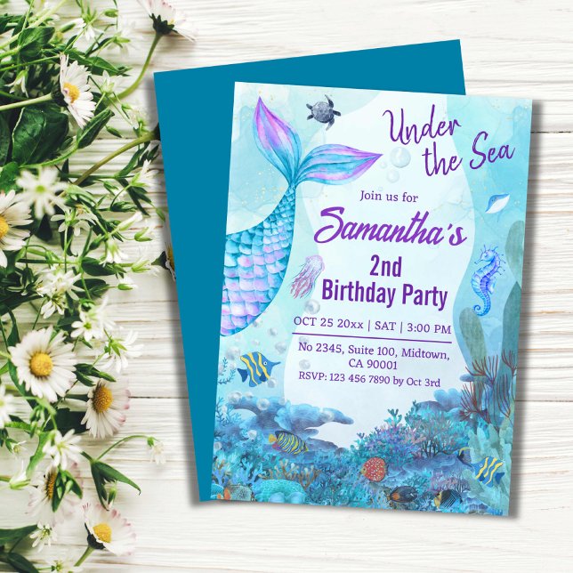 Invitation Sous la mer sirène bleu & violet 2e anniversaire (Créateur téléchargé)