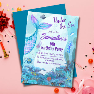 Invitation Sous la mer sirène bleu & violet 5e anniversaire
