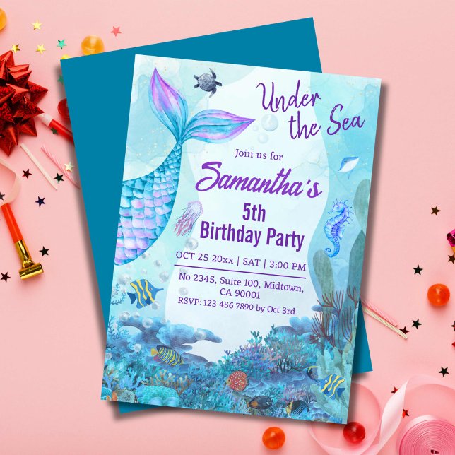 Invitation Sous la mer sirène bleu & violet 5e anniversaire (Créateur téléchargé)