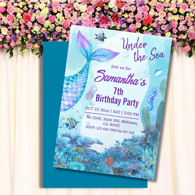 Invitation Sous la mer sirène bleu & violet 7ème anniversaire (Créateur téléchargé)