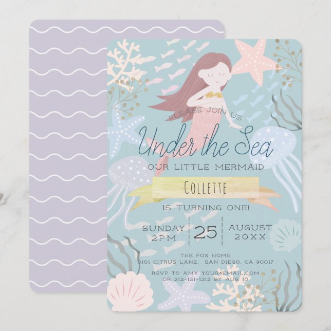Invitation Sous la mer Sirène Mer Vert 1er anniversaire (Devant / Derrière)