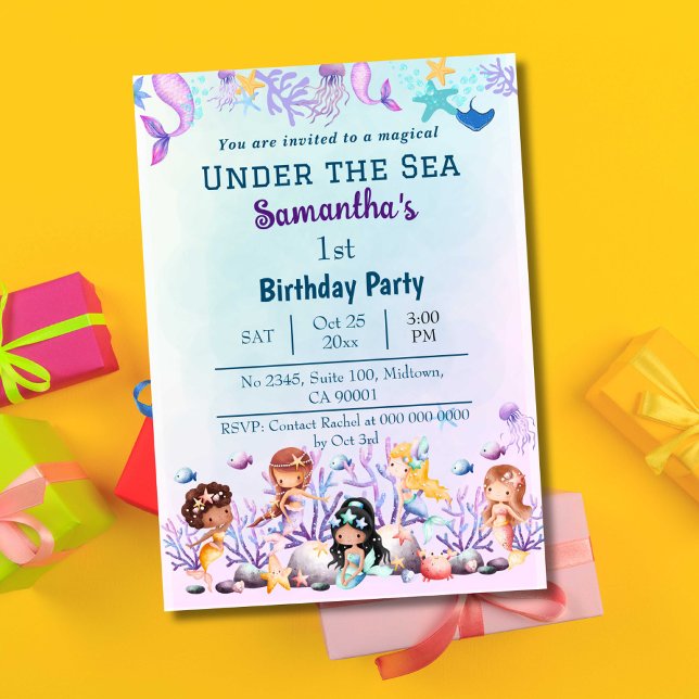 Invitation Sous la mer sirène mignonne enfants bleu 1er anniv (Créateur téléchargé)
