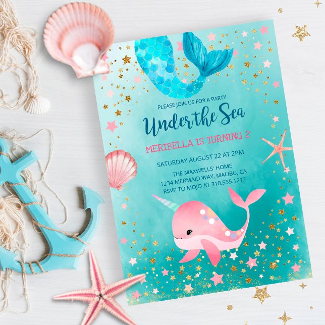 Invitation Sous la mer Sirène Narwhal Anniversaire (Créateur téléchargé)