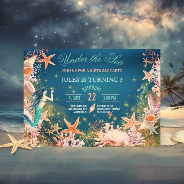Invitation Sous la mer Sirène Seahorse Seashells Anniversaire (Créateur téléchargé)
