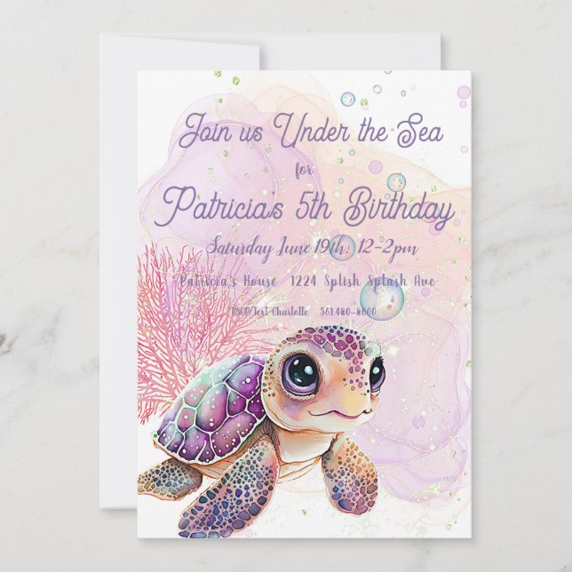 Invitation Sous la mer, Tortue 5e anniversaire, (Devant)