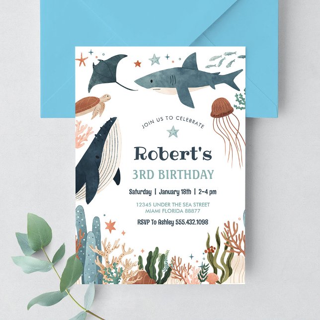 Invitation Sous la mer Tortue requin 1er anniversaire (Créateur téléchargé)