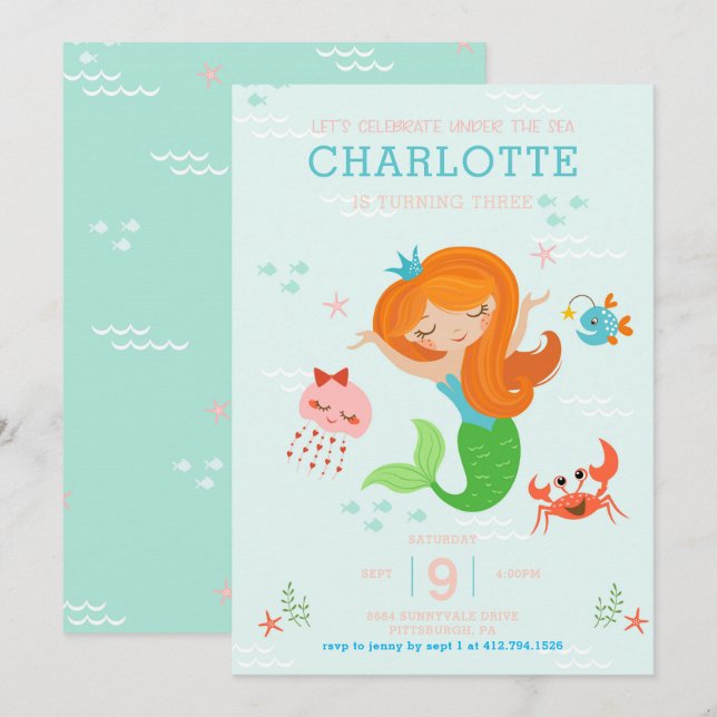 Invitation Sous la sirène de la mer avec un Anniversaire de e (Devant / Derrière)