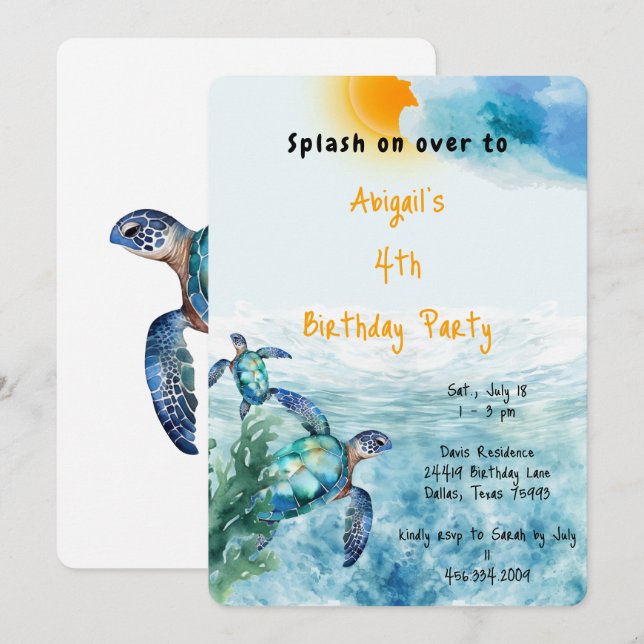 Invitation Sous la tortue de mer fête d'anniversaire (Devant / Derrière)