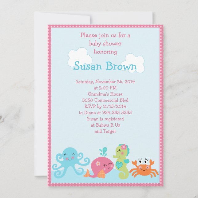 Invitation Sous la vie marine/Invitation Baby shower de fille (Devant)