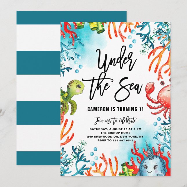Invitation Sous l'Anniversaire de enfant des Amis de l'aquare (Devant / Derrière)
