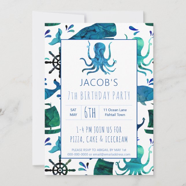 Invitation Sous l'aquarelle de la mer Enfants pieuvre Anniver (Devant)