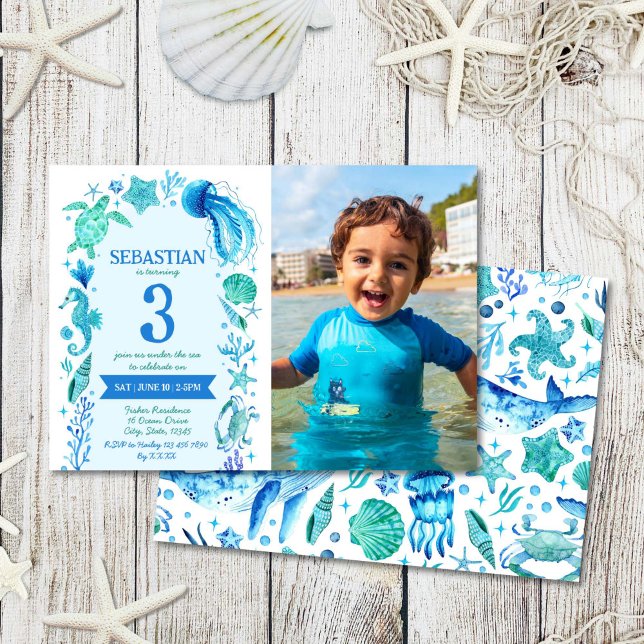 Invitation Sous l'aquarelle de la mer Vie maritime Anniversai (Under The Sea Watercolor Sea Life Blue Photo Invitation)
